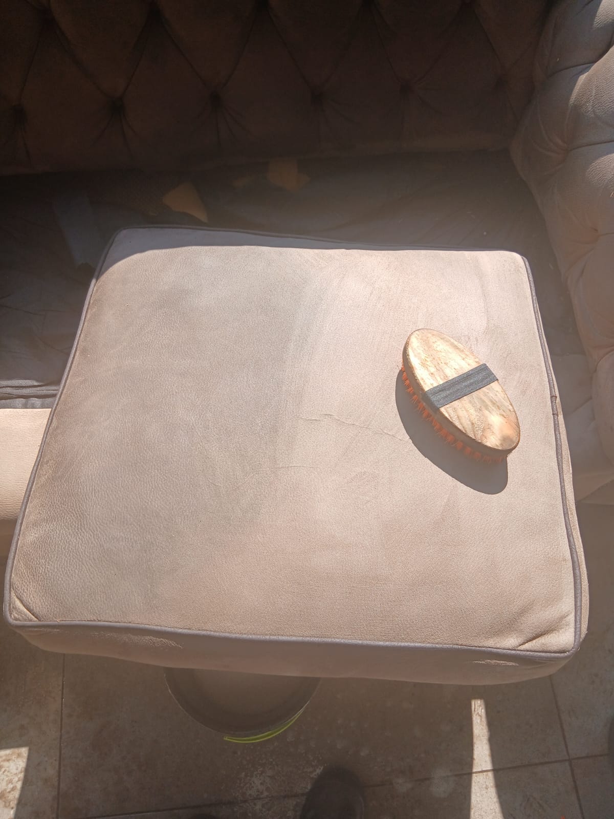 Single couch cushion before upholstery cleaning with visible marks